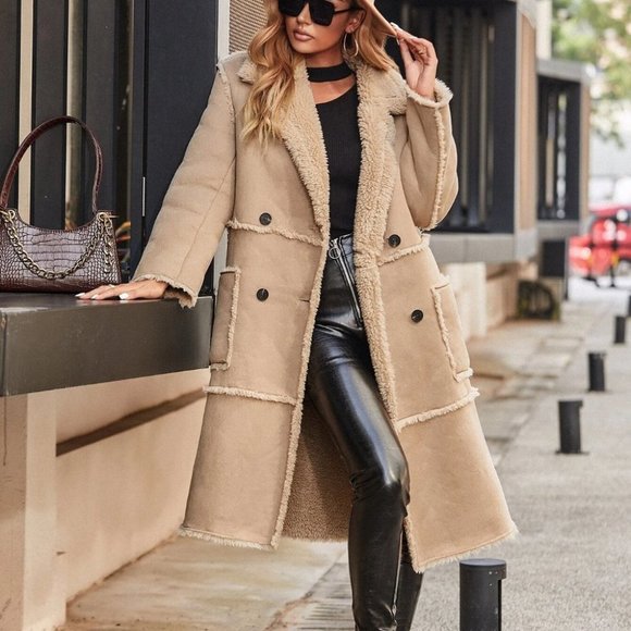 Reg or Plus Size Double Breasted Teddy lined faux suede Coat